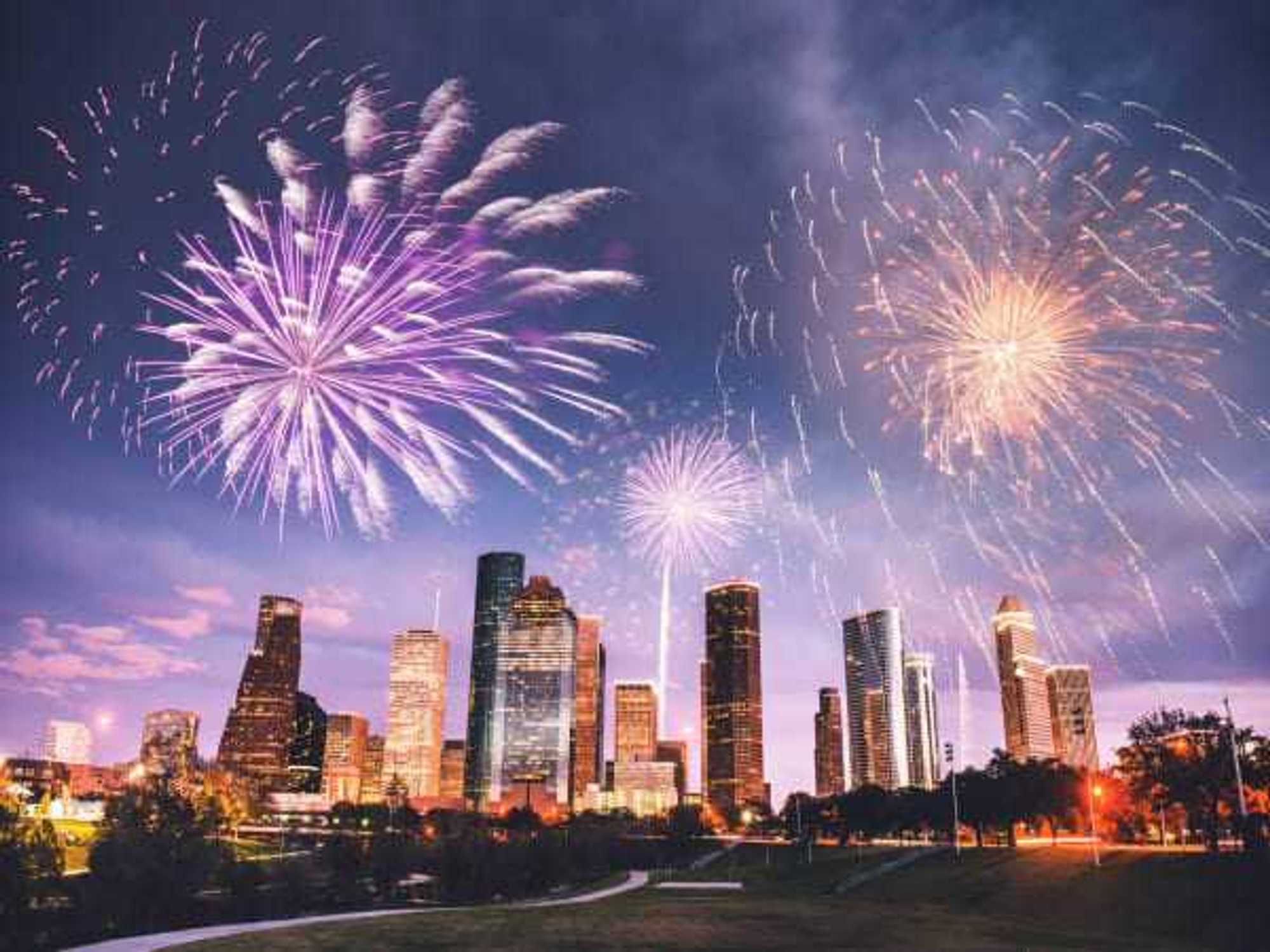 fireworks in houston with the skyline