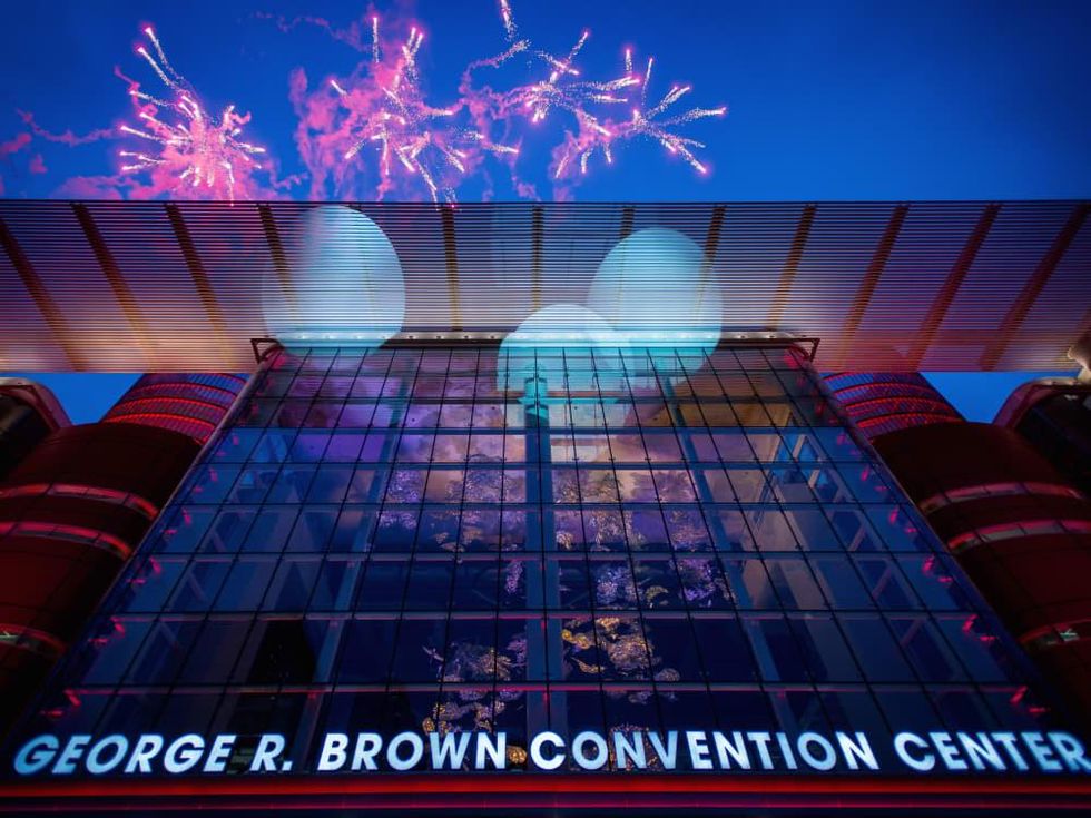 Fireworks over George R Brown Convention Center for Super Bowl 51 day kickoff