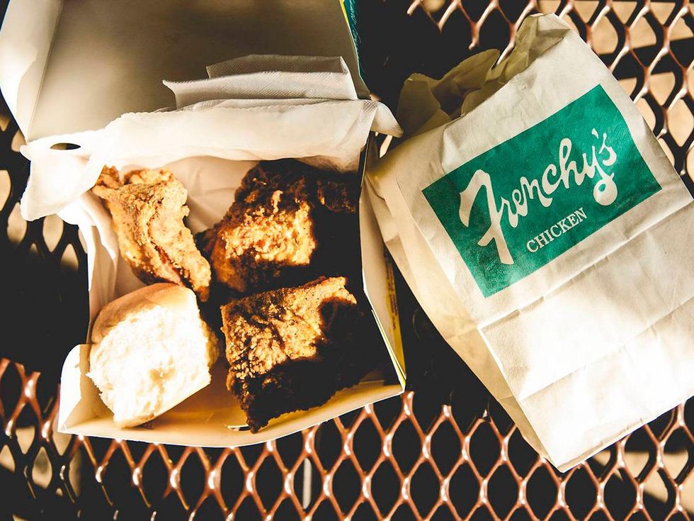 Frenchy's Fried Chicken fried chicken in a box on patio table December 2013 from IAm.Beyonce.com