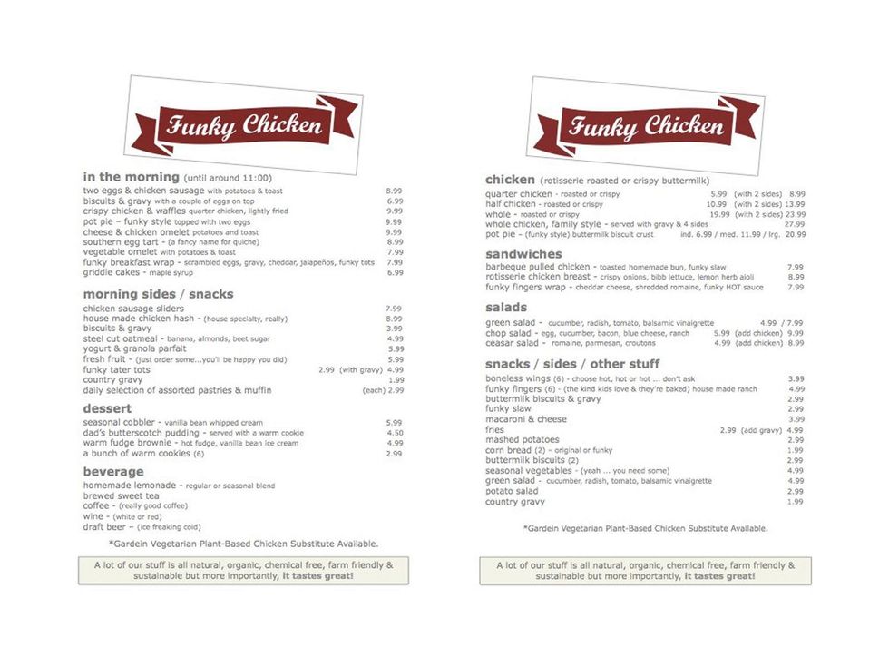 Funky Chicken, Bradley Ogden, menu