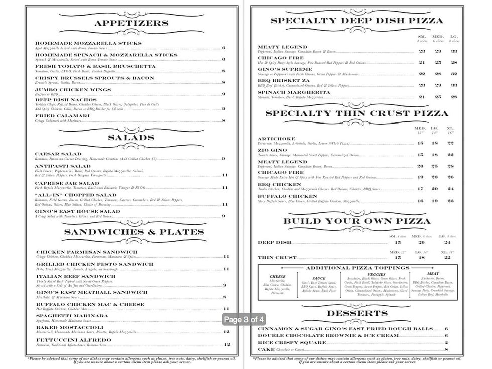 Gino's East menu October 2014