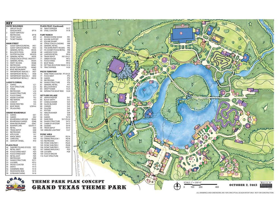 Grand Texas theme park plan concept map with Greezed Lightnin' planned for area R-27