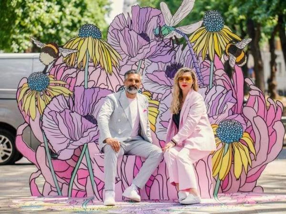 Graphic Rewilding (Lee Baker and Catherine Borowski) one one of their Flower Cloud benches in City Place.