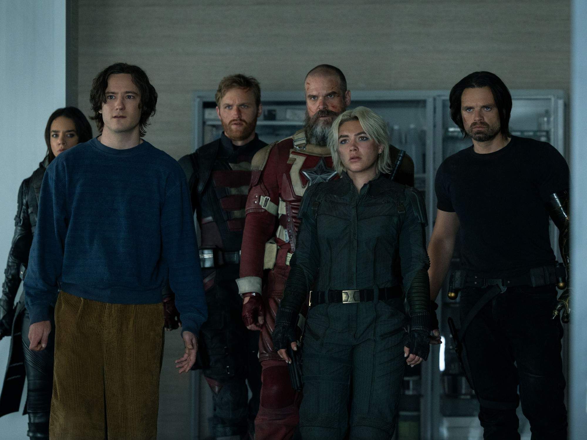 Hannah John-Kamen, Lewis Pullman, Wyatt Russell, David Harbour, Florence Pugh, and Sebastian Stan in Thunderbolts*