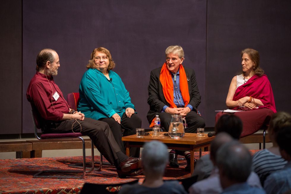Harvey Aronson, from left, Sharon Salzberg, Robert Thurman and Anne Klein at Love Your Enemies seminar with Robert Thurman at Rothko Chapel October 2014
