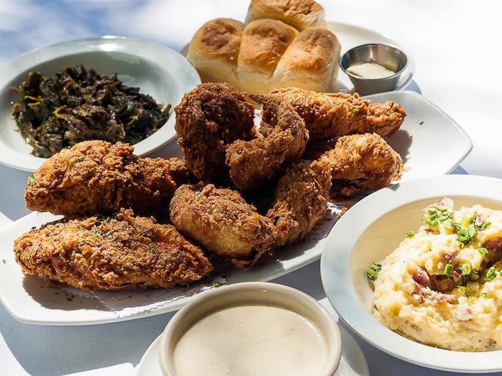 Haven fried chicken mashed potatoes greens rolls and gravy