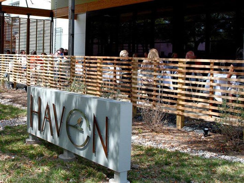 Haven, patio, crowd, sign