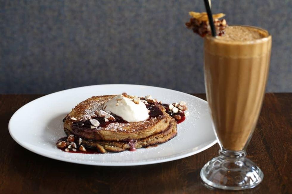 Helen in the Heights brunch semolina pancakes and milkshake