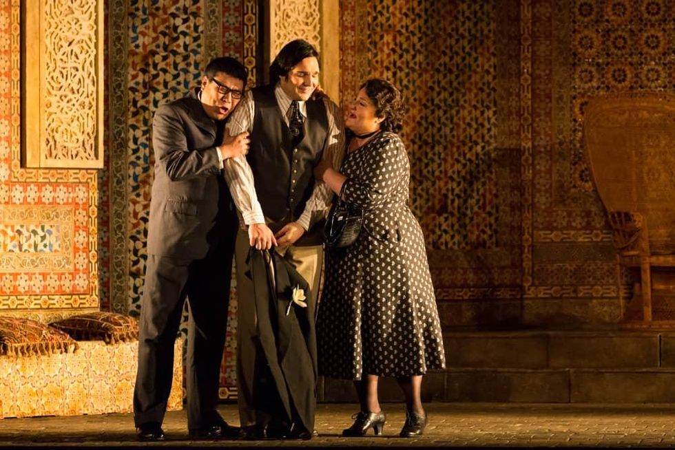 HGO Marriage of Figaro, Jan. 2016. Peixin Chen, Dr. Bartolo; Adam Plachekta, Figaro; Catherine Cook, Marcellina