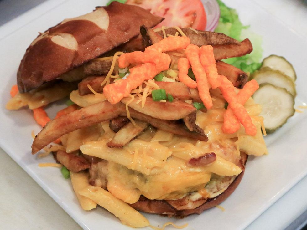 Hollister restaurant Houston July 2013 hamburger with Cheetos