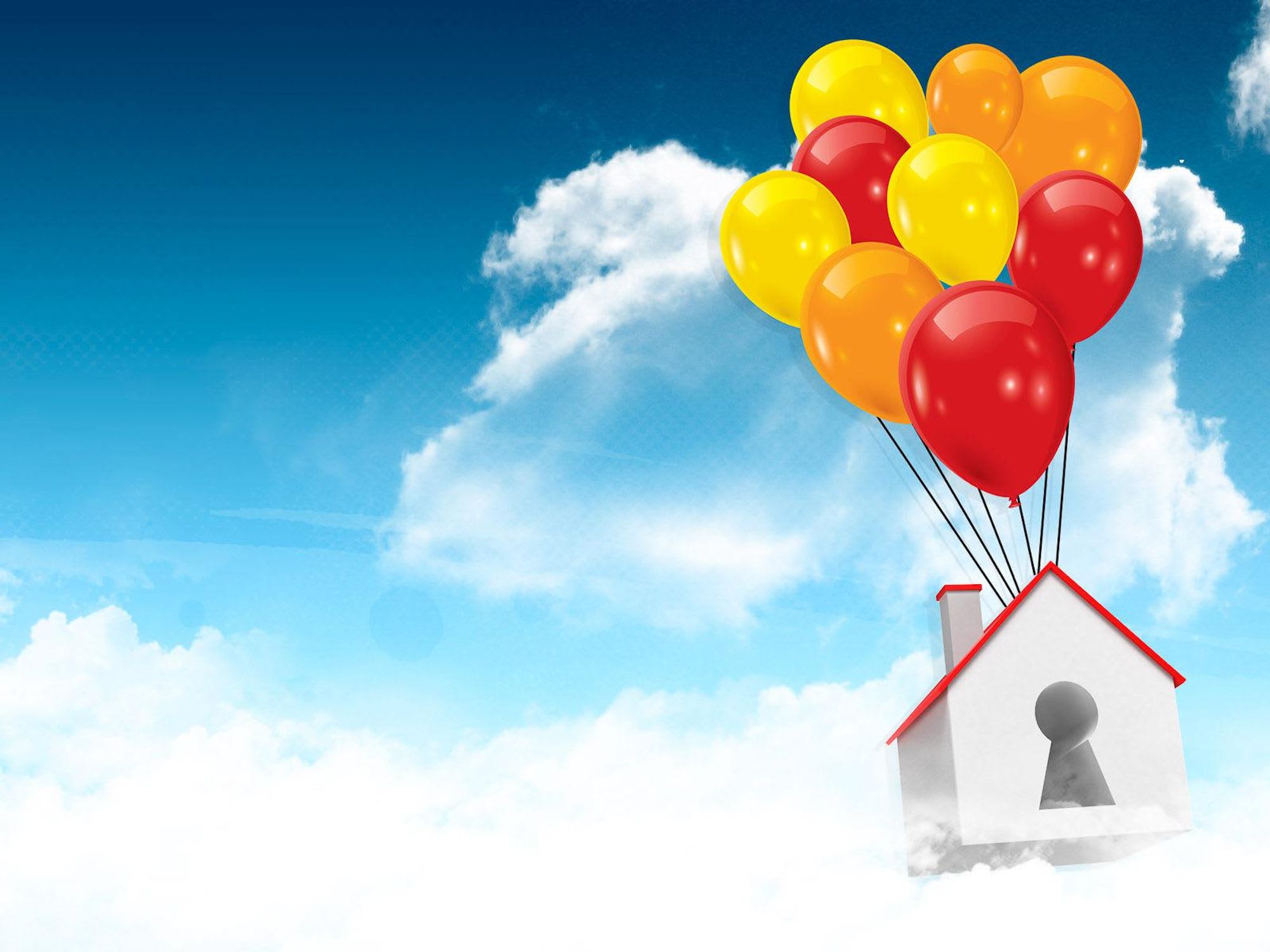 home sales up, balloons, floating house
