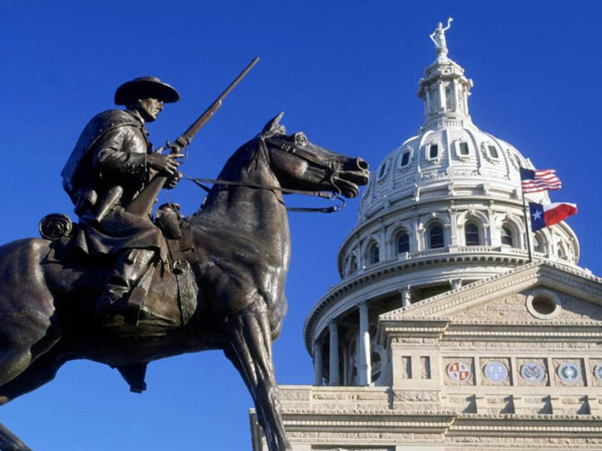 Houston, Austin capital with Texas flag, July 2017