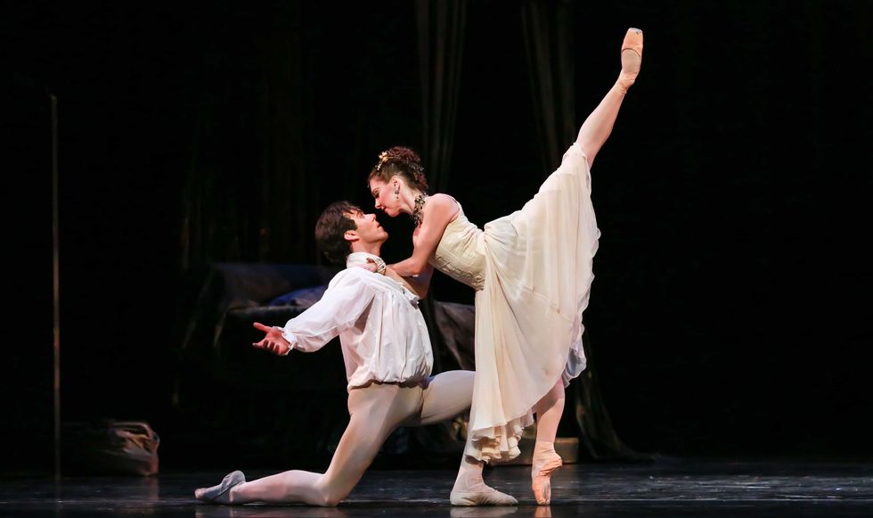 Houston Ballet former Principal Melody Mennite as Manon and Principal Connor Walsh as Des Grieux in Sir Kenneth MacMillan\u2019s Manon.