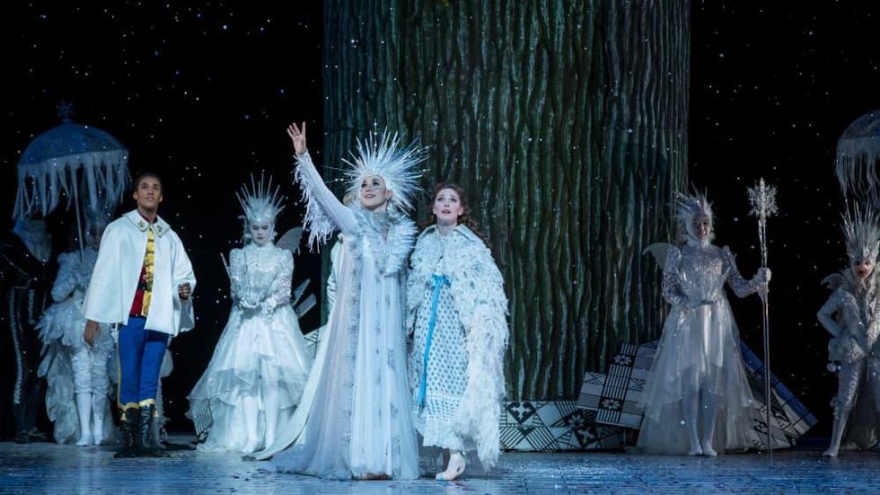 Houston Ballet Principals Melody Mennite as Clara and Jessica Collado as Snow Queen and Soloist Harper Watters as Nutcracker Prince with Students of Houston Ballet Academy in Stanton Welch\u2019s The Nutcracker