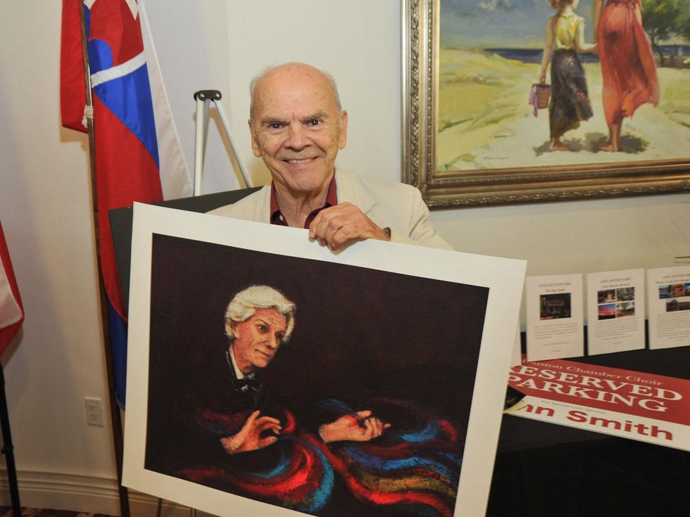 Houston Chamber Choir gala April 2013 David Adickes with his painting of Artistic Director Robert Simpson