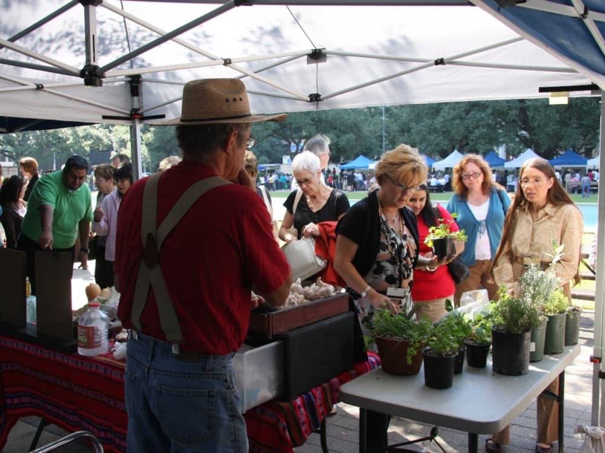 Houston City Hall farmers market with shoppers