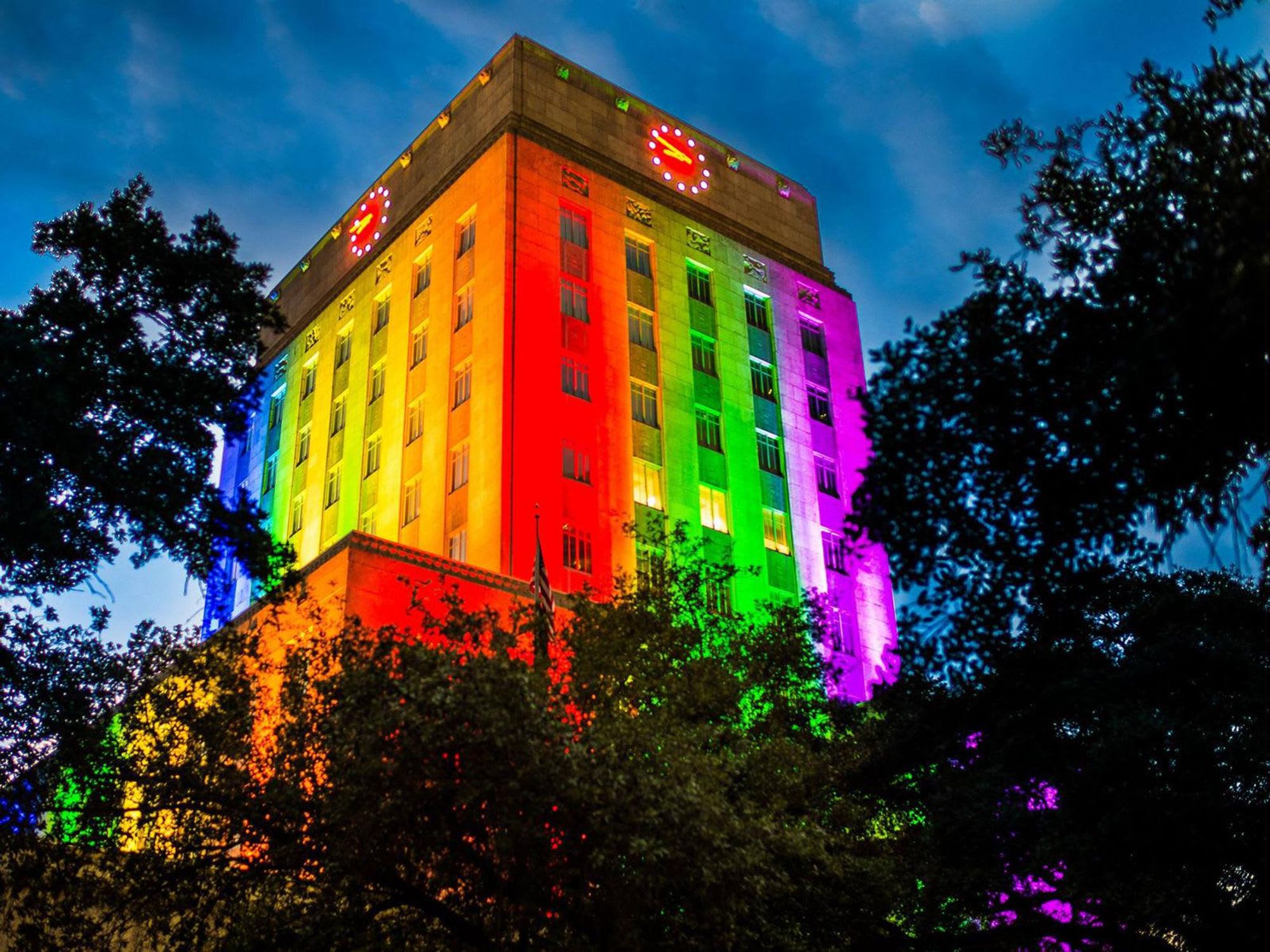 Houston City Hall pride colors rainbow light gay pride parade