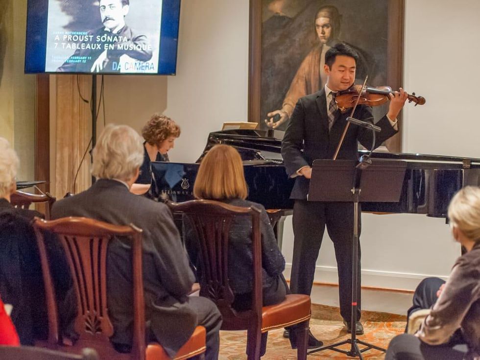 Houston, Da Camera VIP launch event for Sarah\u2019s Marcel Proust Project, Sarah on piano, Boson on violin