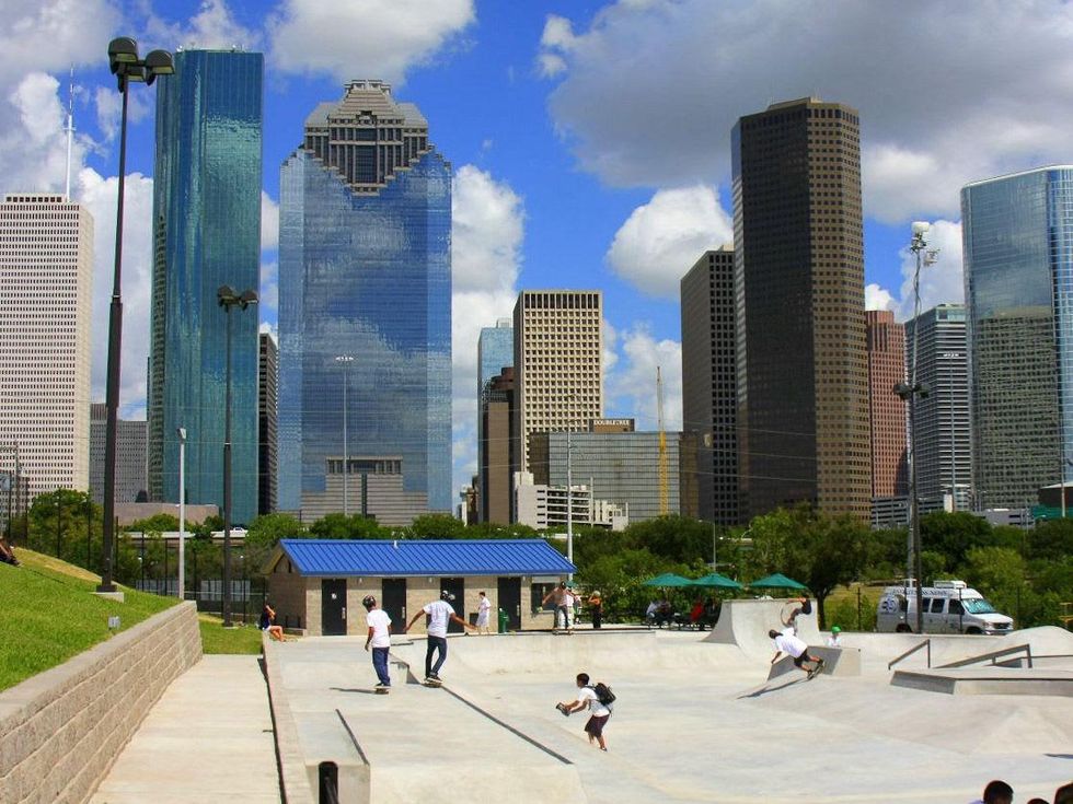 Houston downtown, skyline, Jamail Skatepark, January 2013