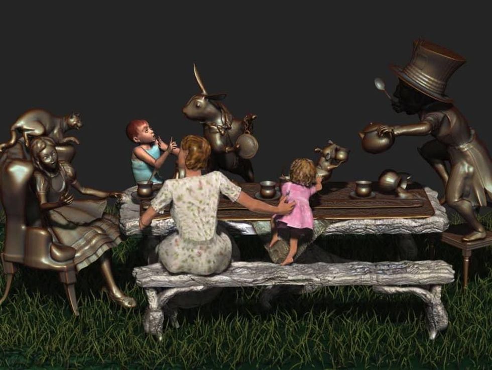 Houston, Evelyn's Park Move One Place On sculpture, July 2015, Alice with people