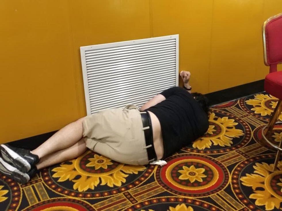 Houston, Galveston gambling boat, June 2017, guy passed out by air conditioning vent