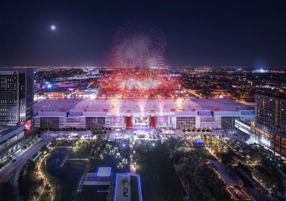 Houston, George R Brown revamp, September 2015, aerial view at night