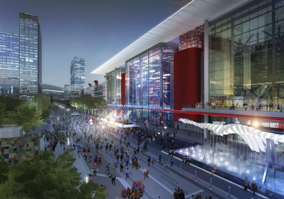 Houston, George R Brown revamp, September 2015, front facade at night