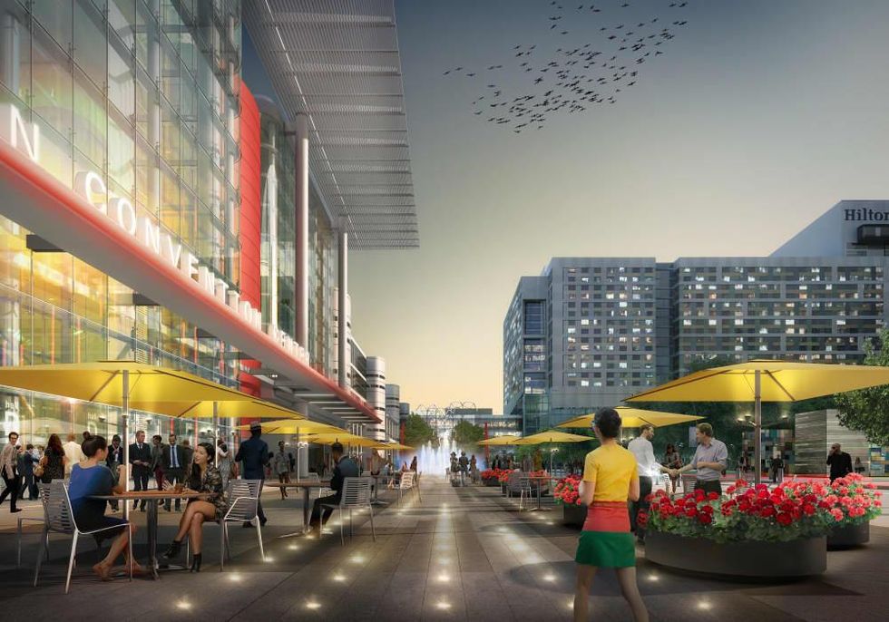 Houston, George R Brown revamp, September 2015, patio seating Avenida de Las Americas