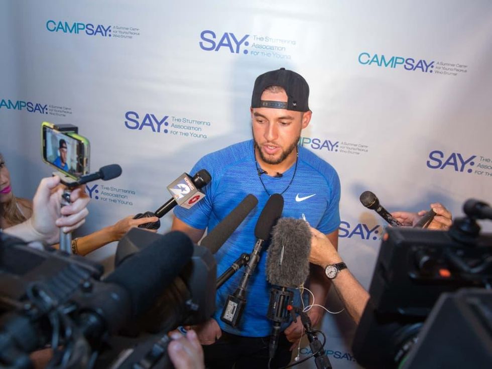 Houston, George Springer All Star Bowling Benefit for Camp Say, June 2017, George Springer takes questions from the media