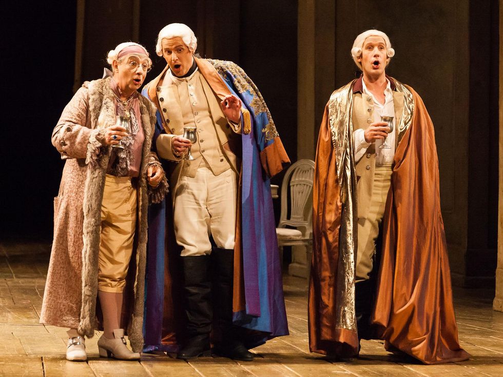 Houston Grand Opera Cosi fan tutte October 2014 Alessandro Corbelli as Don Alfonso, from left, Norman Reinhardt as Ferrando and Jacques Imbrailo as Guglielmo