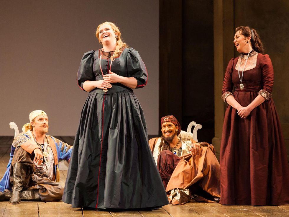 Houston Grand Opera Cosi fan tutte October 2014 Norman Reinhardt as Ferrando, from left, Rachel Willis-Sorensen as Fiordiligi, Jacques Imbrailo as Guglielmo and Melody Moore as Dorabella
