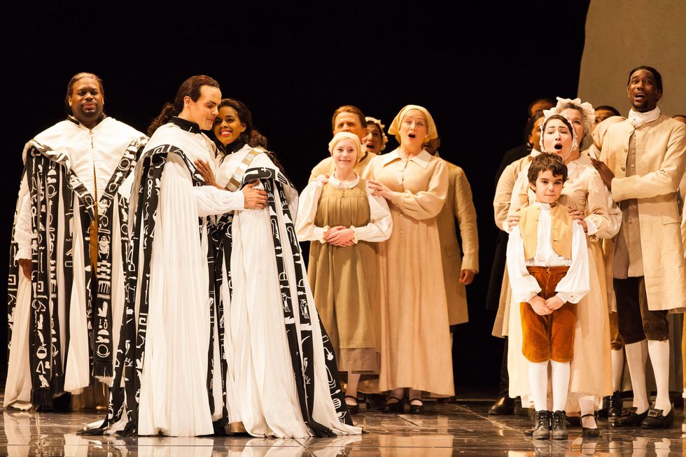 Houston Grand Opera HGO The Magic Flute January 2015 Morris Robinson as Sarastro, David Portillo as Tamino, Nicole Heaston as Pamina and members of the HGO chorus and supernumeraries