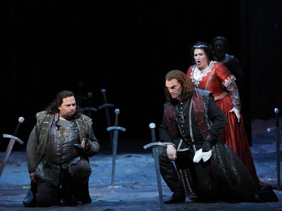 Houston Grand Opera Il trovatore April 2013 Marco Berti as Manrico, T\u00f3mas T\u00f3masson as Count di Luna and Tamara Wilson as Leonora