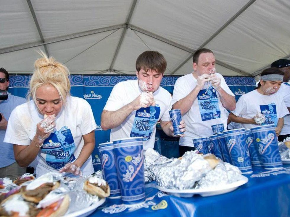 Houston Greek Festival gyro eating contest Niko Niko's in progress May 2013