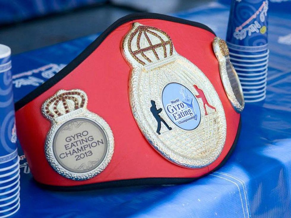 Houston Greek Festival gyro eating contest Niko Niko's winning belt May 2013