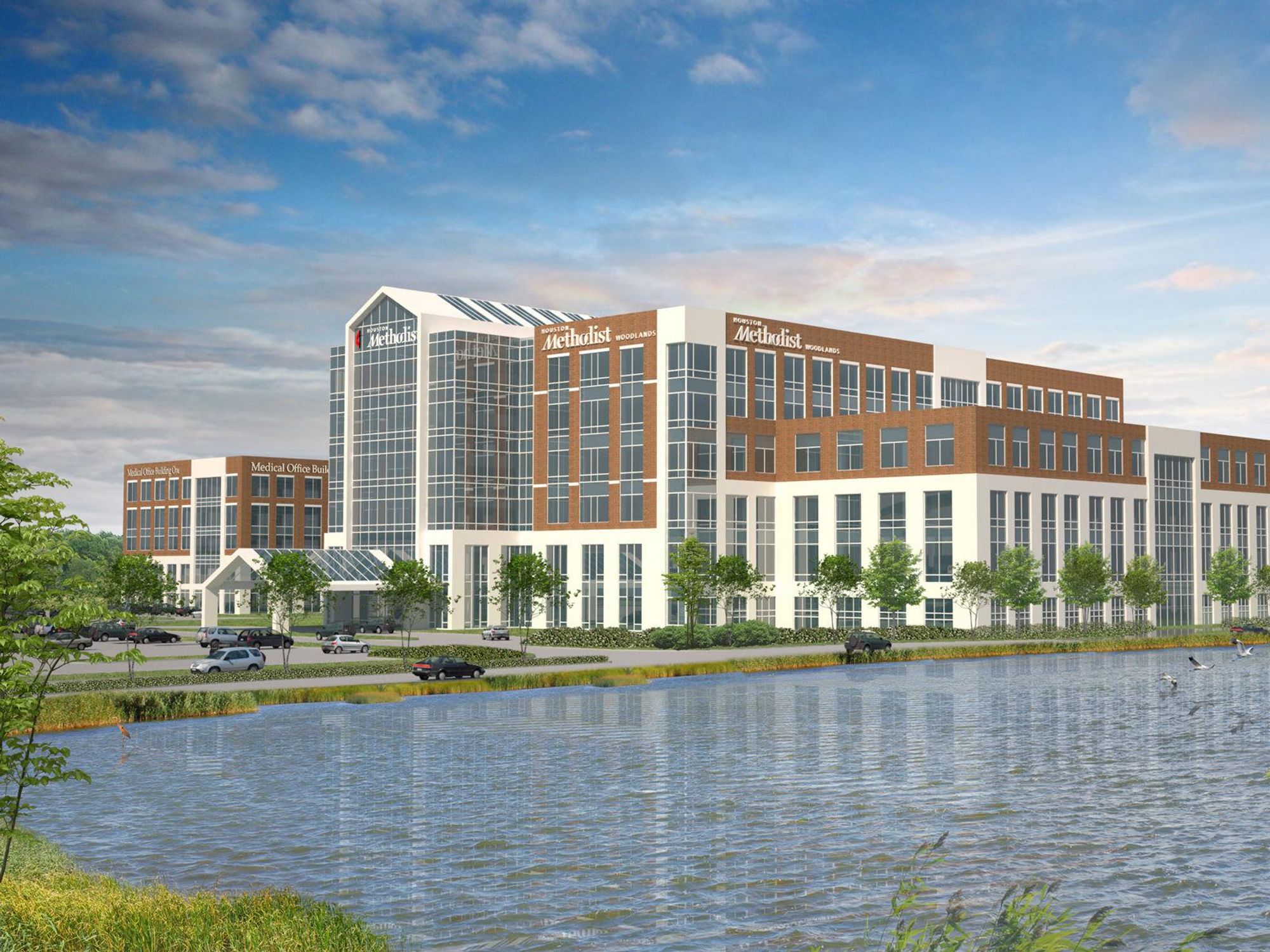 Houston Methodist Hospital in The Woodlands rendering May 2014 exterior day with pond
