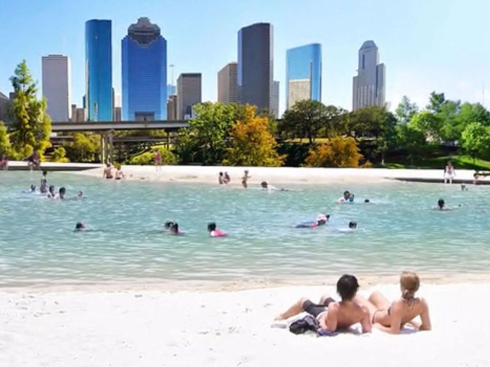 Houston Needs A Swimming Hole! rendering of swimming hole with Houston skyine November 2014