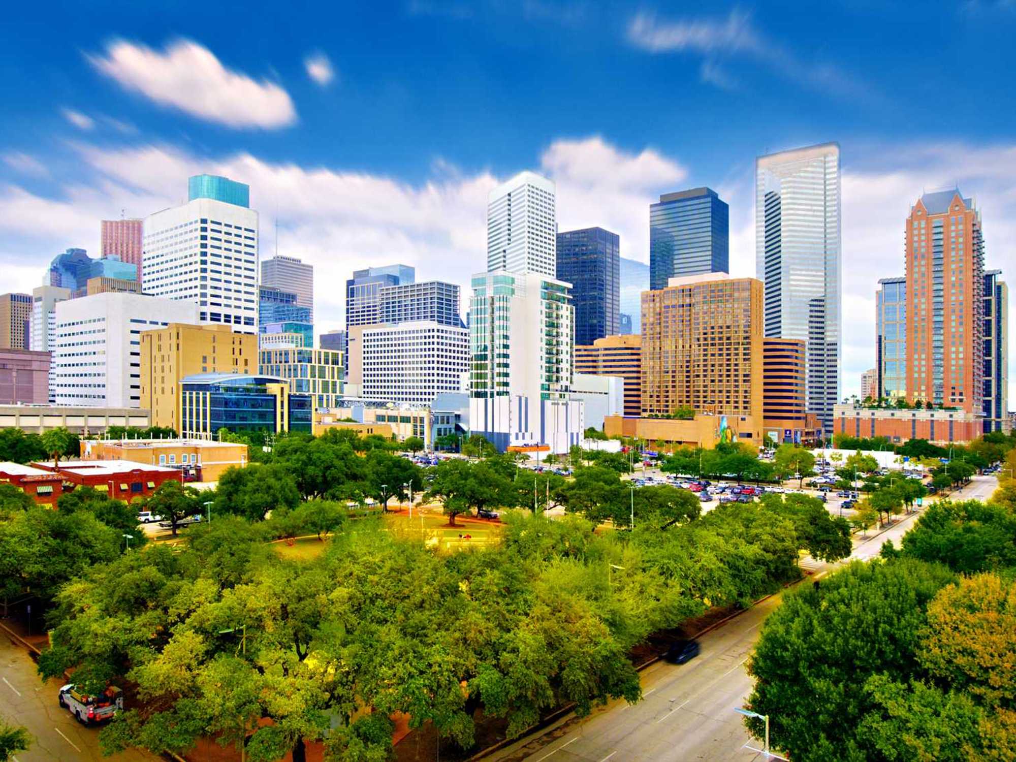 Houston neighborhood with skyline