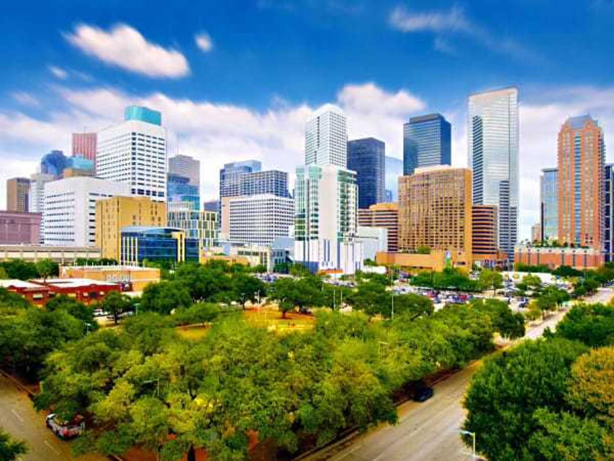 Houston neighborhood with skyline