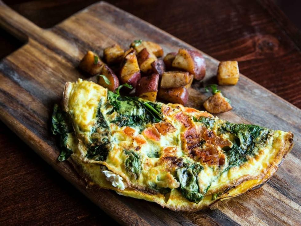 Houston, new brunch menus, Jan 2017, Greek omelet at Upstairs at Hungry\u2019s