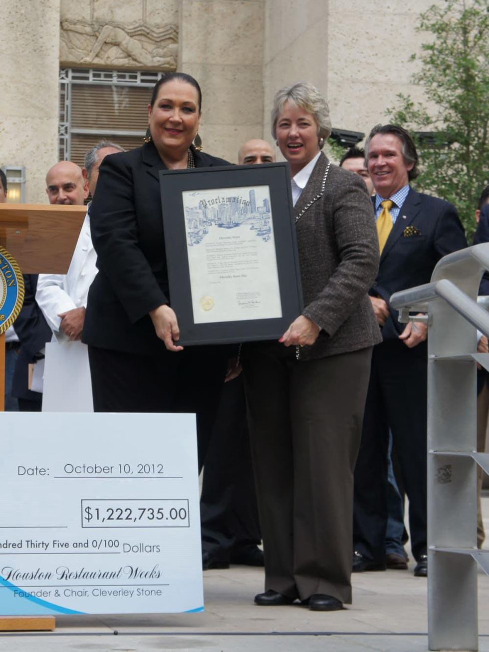 Houston Restaurant Weeks, check, Cleverly Stone, Mayor Annise Parker, October 2012
