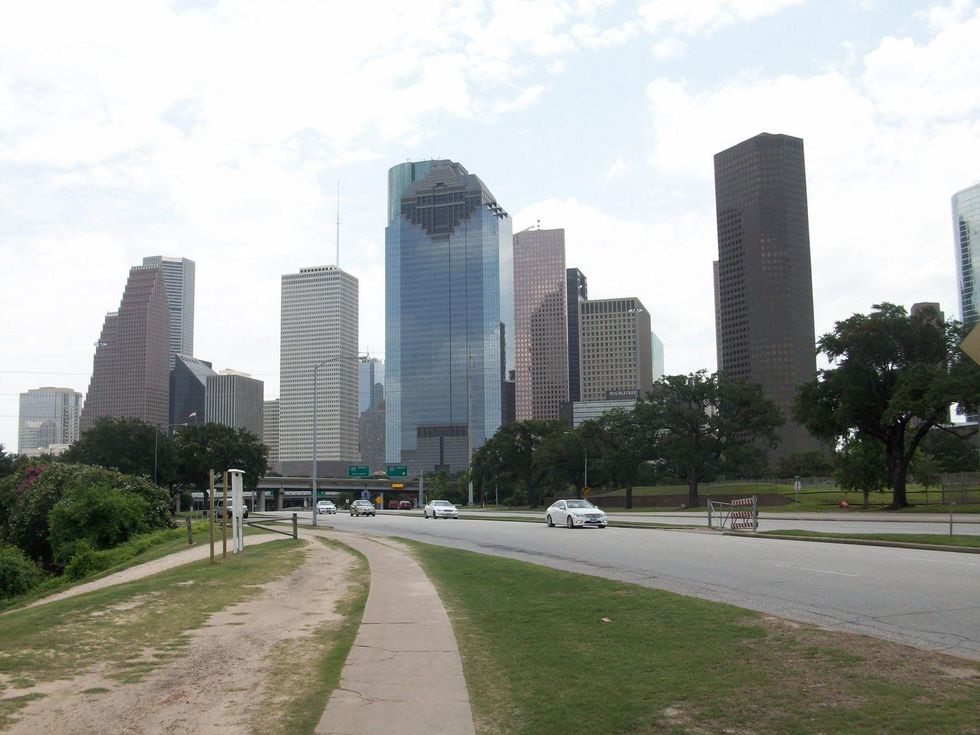Houston skyline day downtown buildings from Allen Parkway