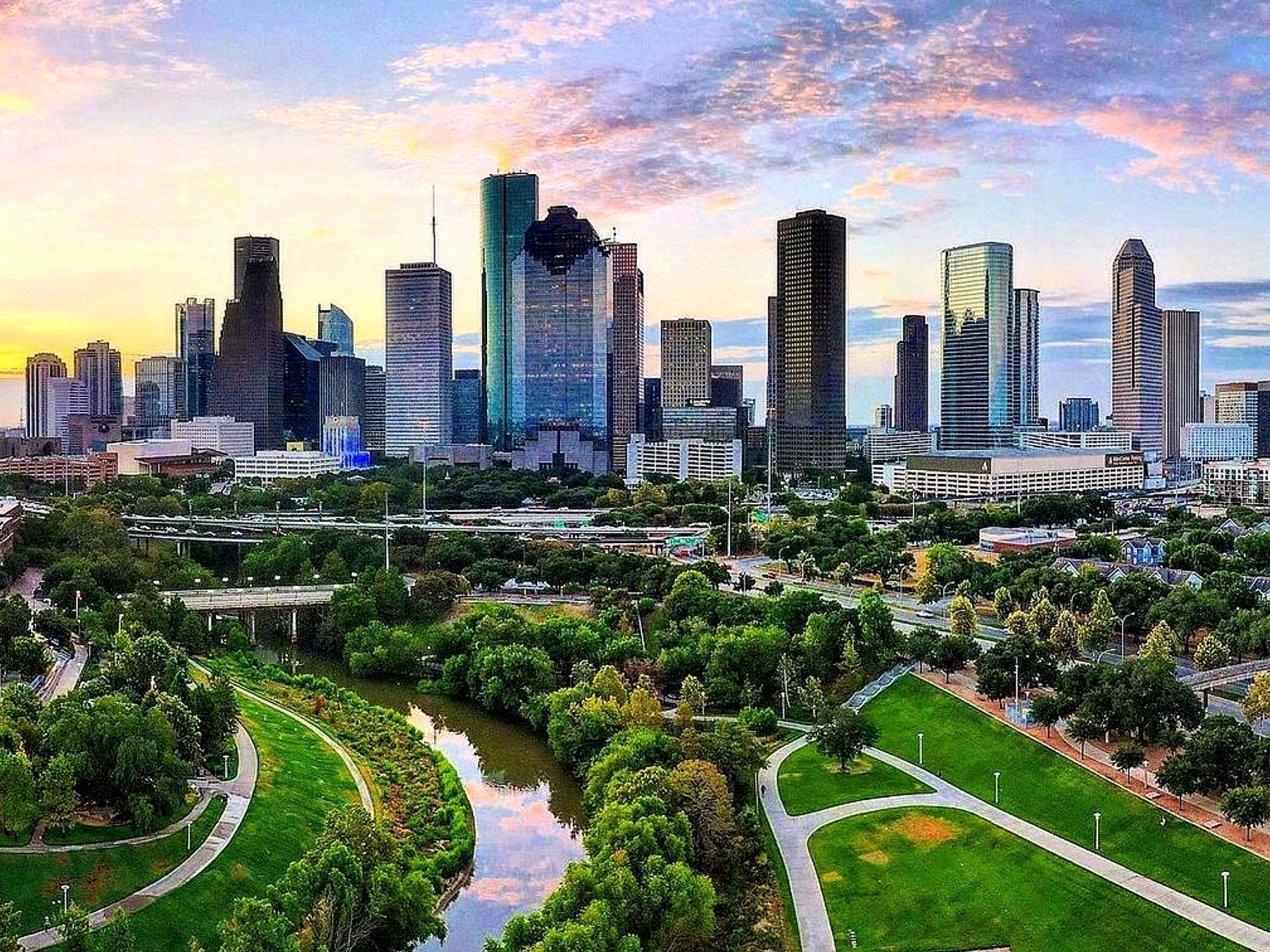 Houston skyline downtown bayou