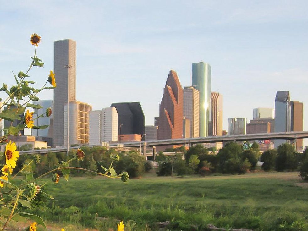 Houston skyline downtown day with sunflowers in foreground RUN FLAT