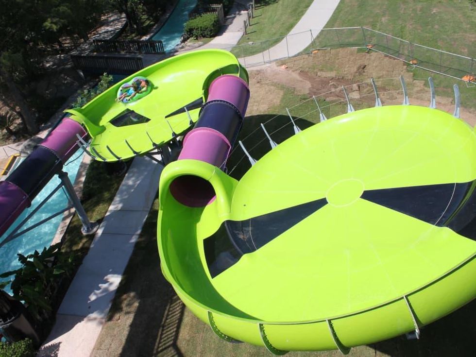 Houston, SplashTown Alien Crasher aerial view of double saucer, June 2017