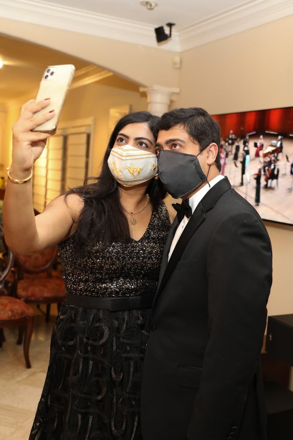 Houston Symphony opening night gala 2020 Drs. Ishwaria & Vivek Subbiah virtually watching Opening Night at Ms. Priscilla R. Angly and Mr. Miles O. Smith's home