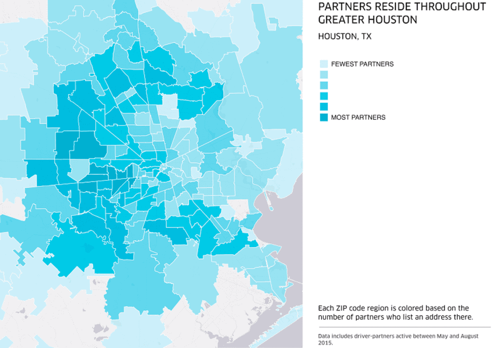 Houston, Uber, August 2015, where Uber partners reside graph