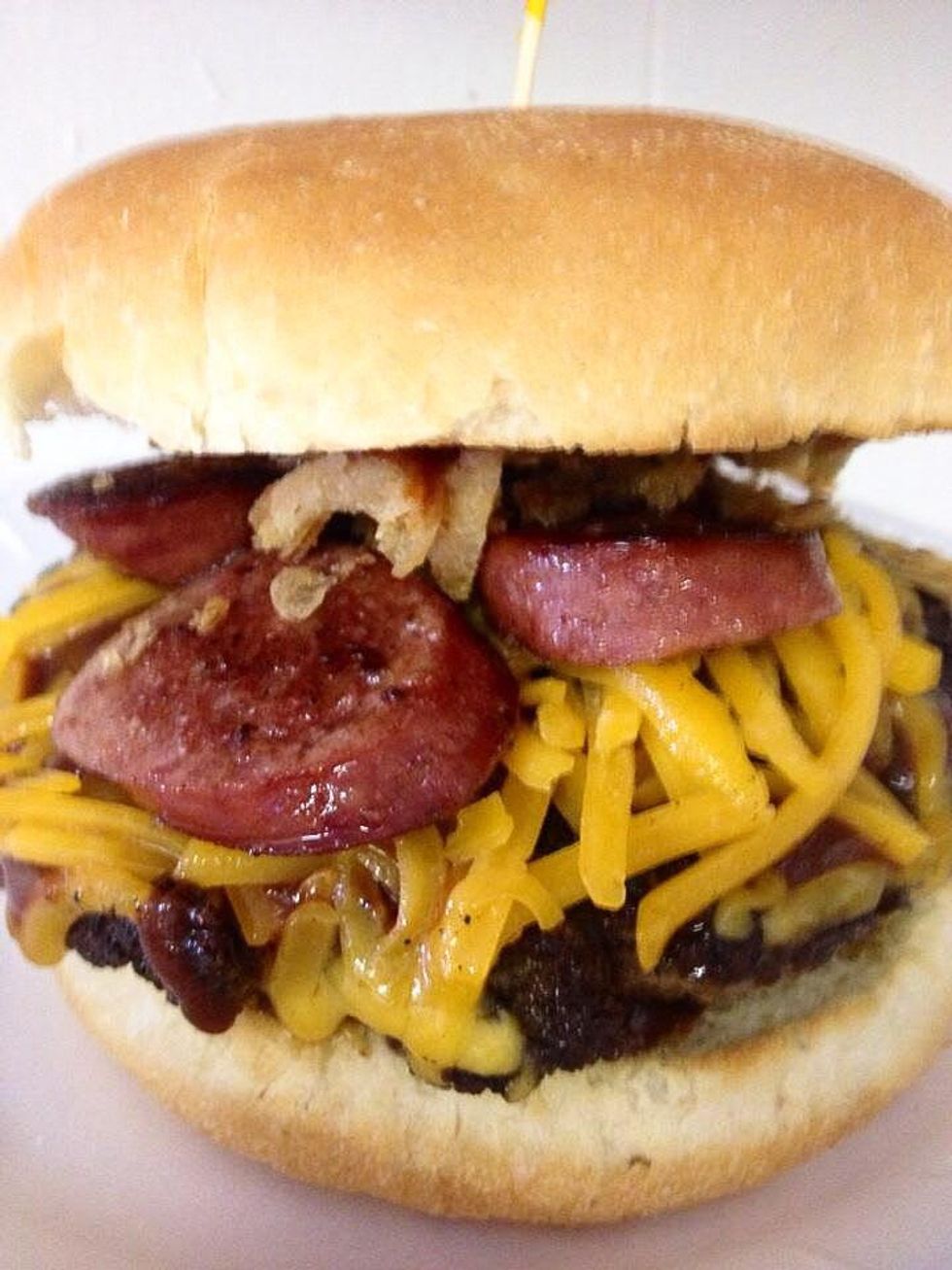 Hubcap Grill Houston Texas BBQ Burger hamburger with barbecue sausage