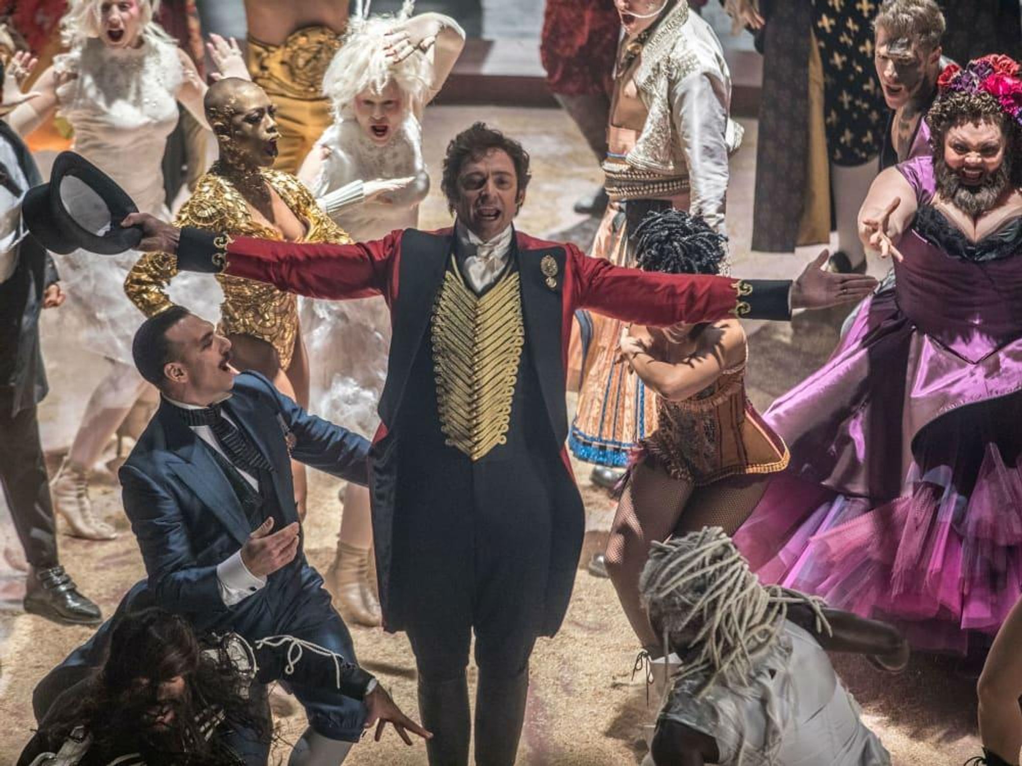 Hugh Jackman and cast in The Greatest Showman