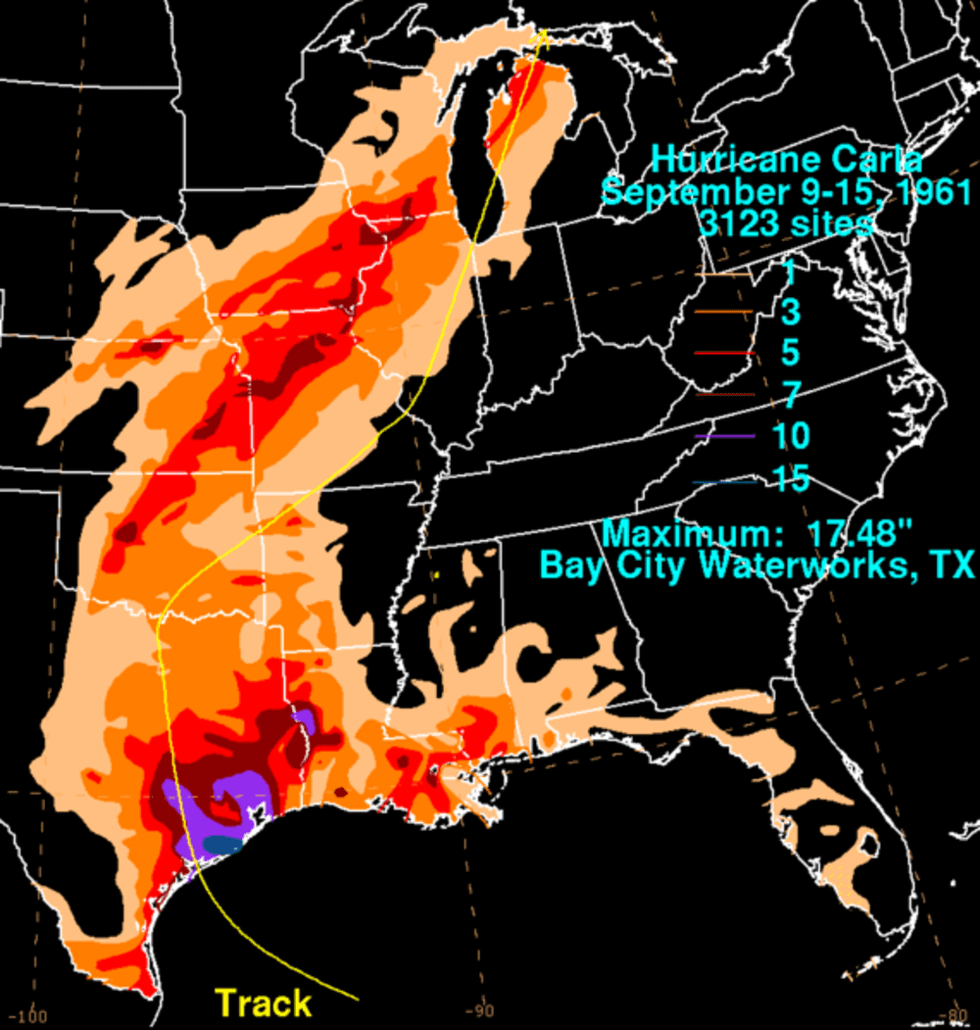 Hurricane Carla rainfall map